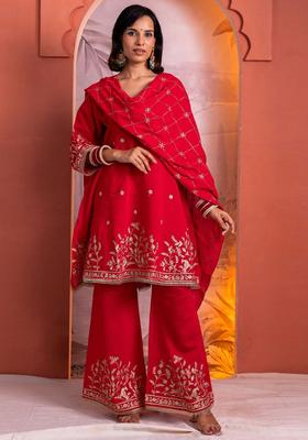 Red Embroidered Cotton Kurta Sets