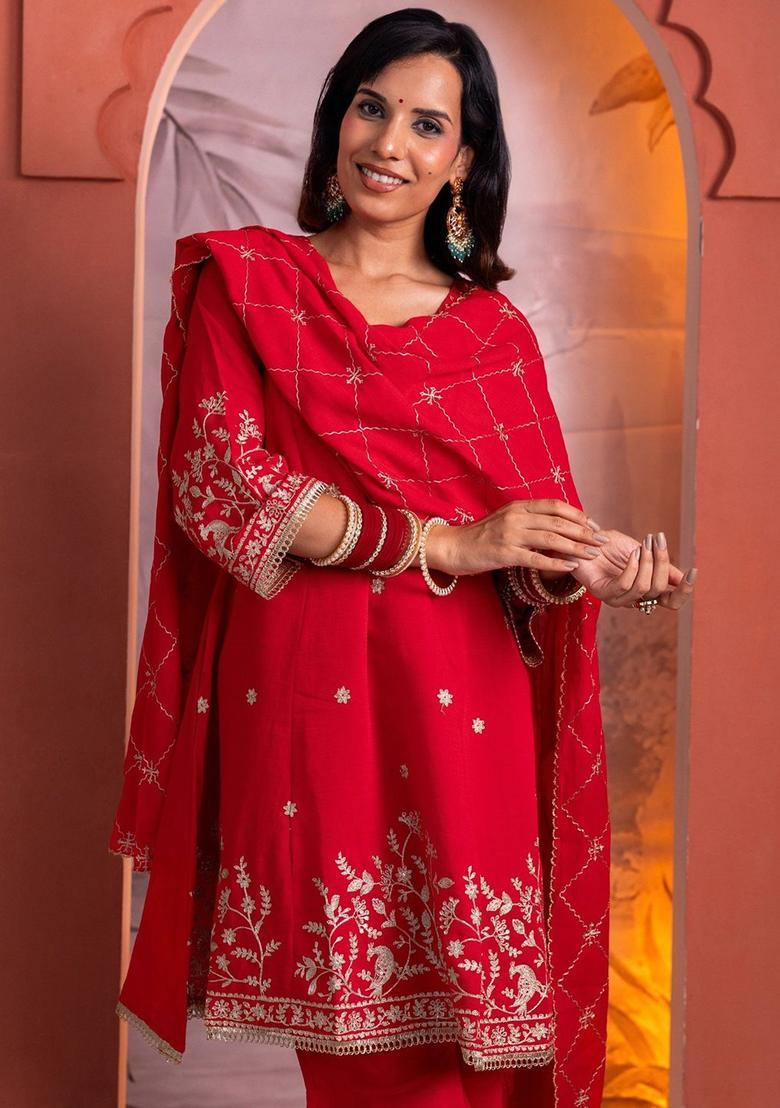 Red Embroidered Cotton Kurta Sets - Indya