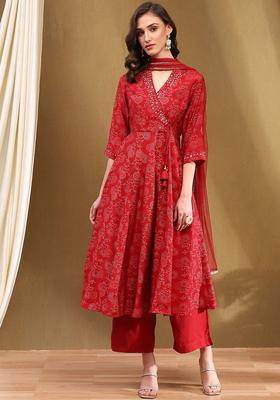 Red Printed Polyester Anarkli Sets
