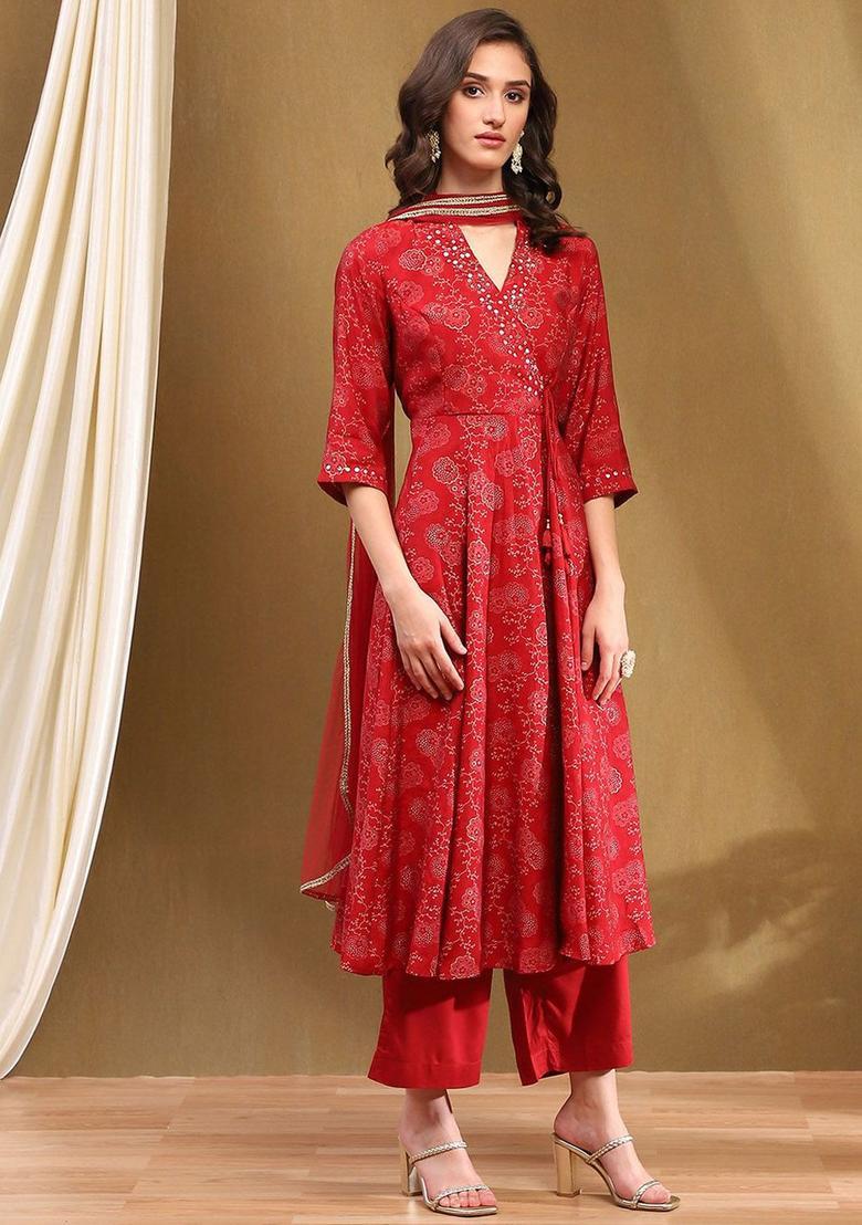 Red Printed Polyester Anarkli Sets - Indya