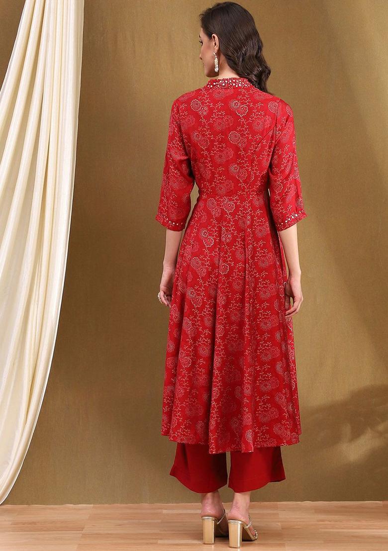Red Printed Polyester Anarkli Sets - Indya