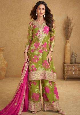 Green Printed Chinon Kurta Sets