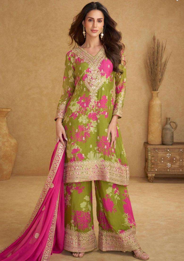 Green Printed Chinon Kurta Sets - Indya
