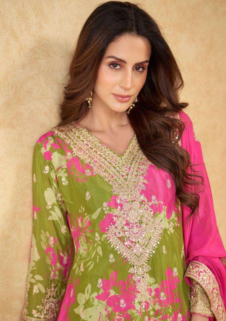 Green Printed Chinon Kurta Sets - Indya