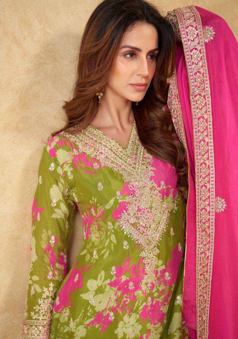 Green Printed Chinon Kurta Sets - Indya