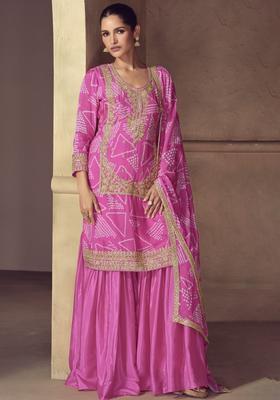 Pink Printed Chinon Kurta Sets