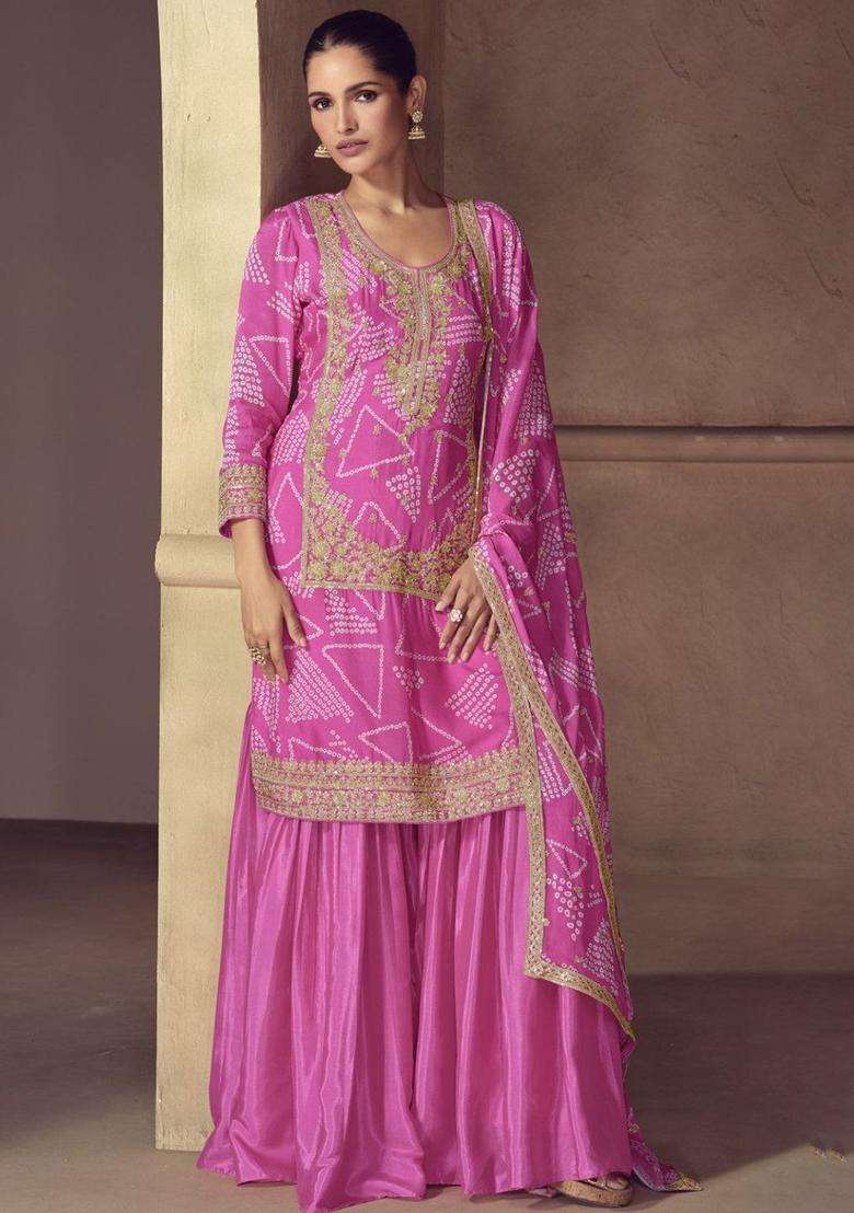 Pink Printed Chinon Kurta Sets - Indya