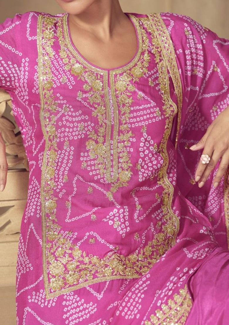 Pink Printed Chinon Kurta Sets - Indya