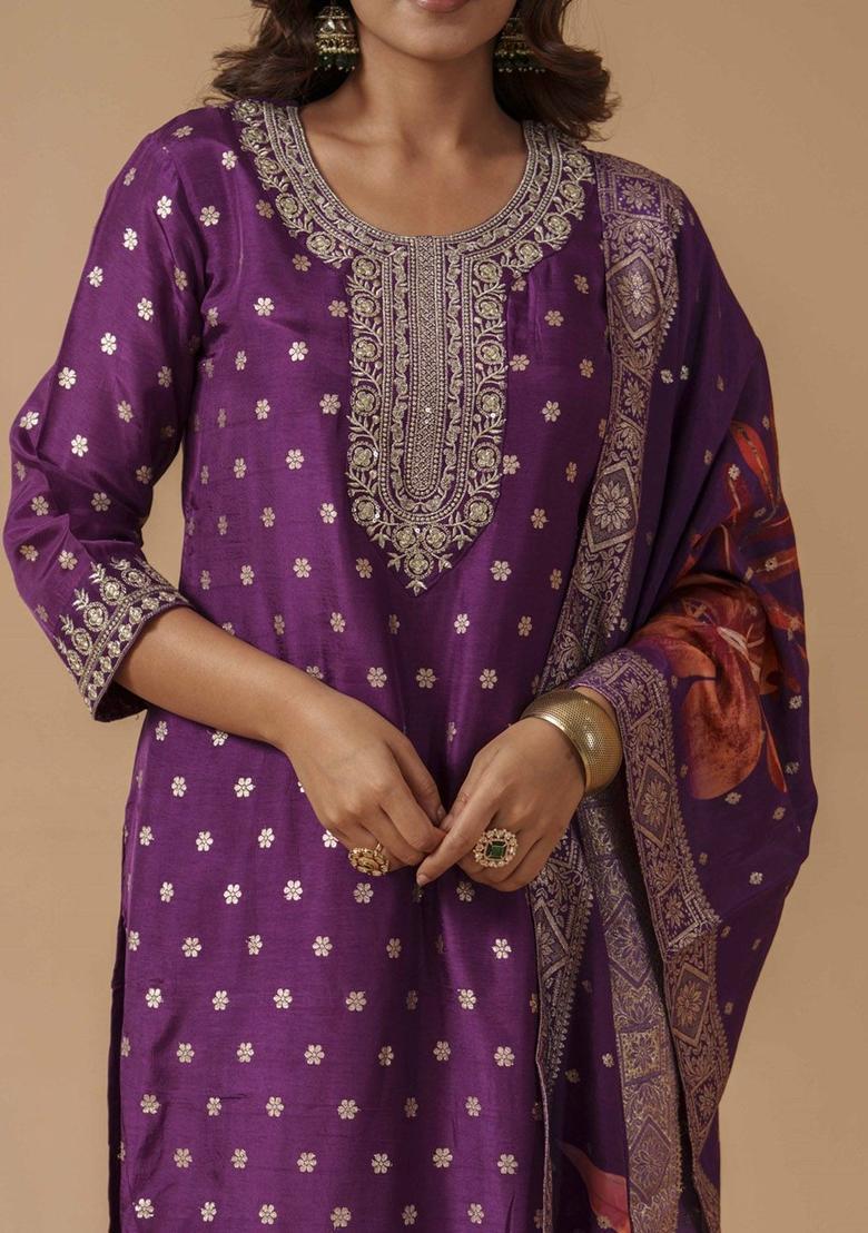 Magenta Embroidered Silk Blend Kurta Sets - Indya