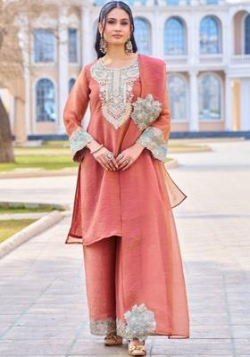 Peach Embroidered Tissue Kurta Sets