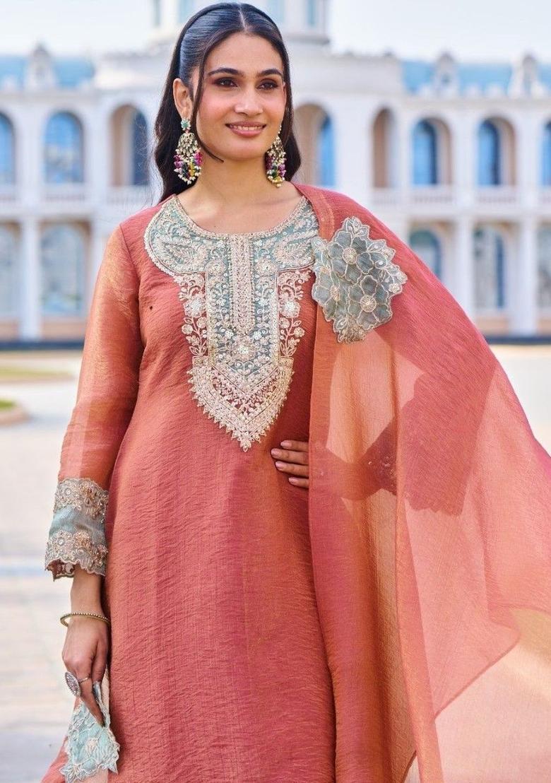 Peach Embroidered Tissue Kurta Sets - Indya