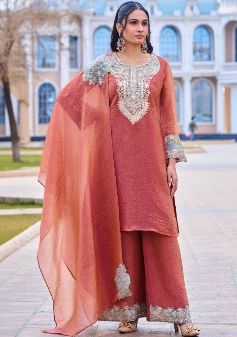 Peach Embroidered Tissue Kurta Sets - Indya