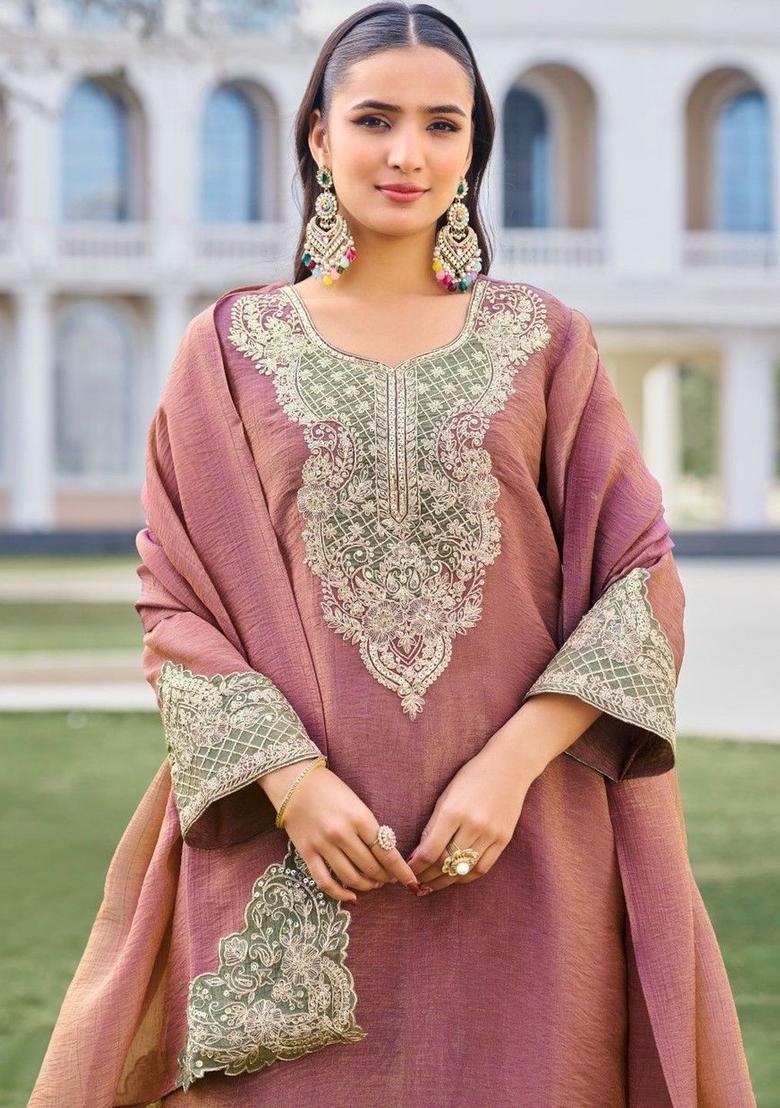 Rose Embroidered Tissue Kurta Sets - Indya