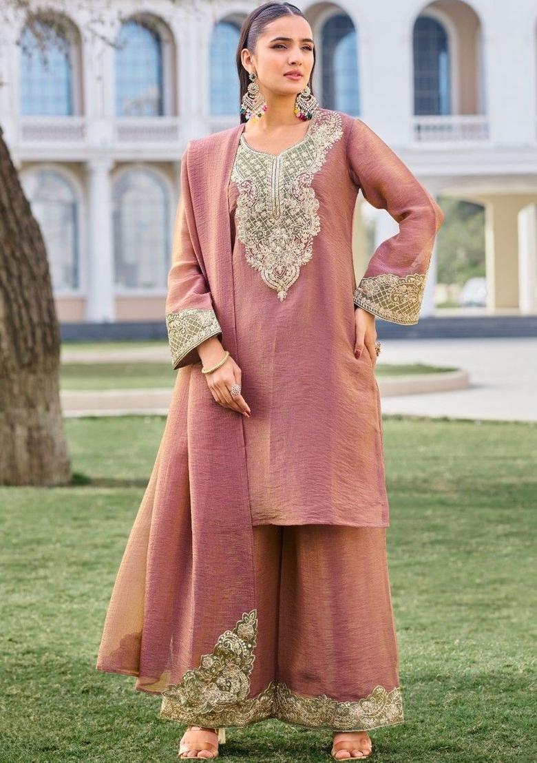 Rose Embroidered Tissue Kurta Sets - Indya