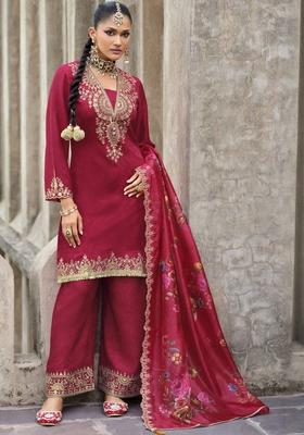 Red Yoke Design Cotton Kurta Sets