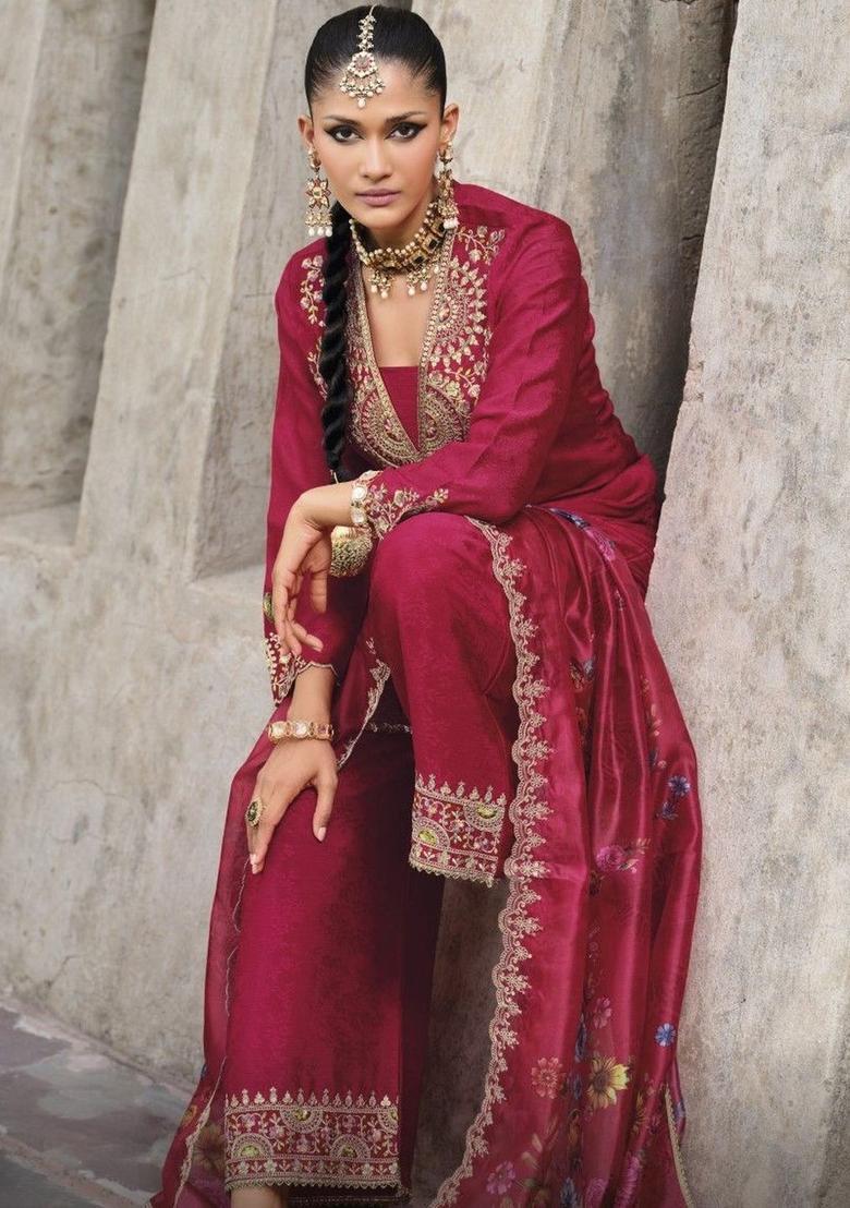 Red Yoke Design Cotton Kurta Sets - Indya