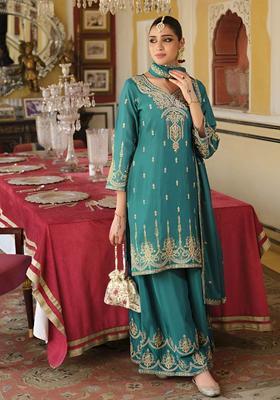 Teal Embroidered Chinon Kurta Sets