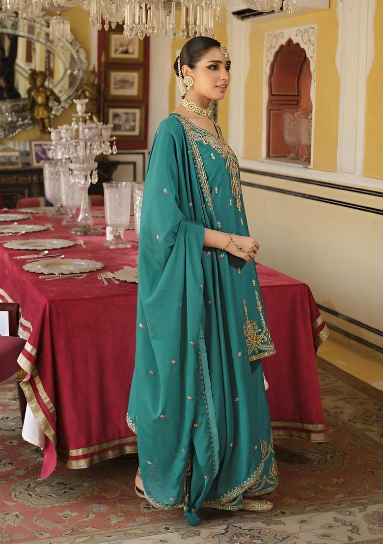 Teal Embroidered Chinon Kurta Sets - Indya