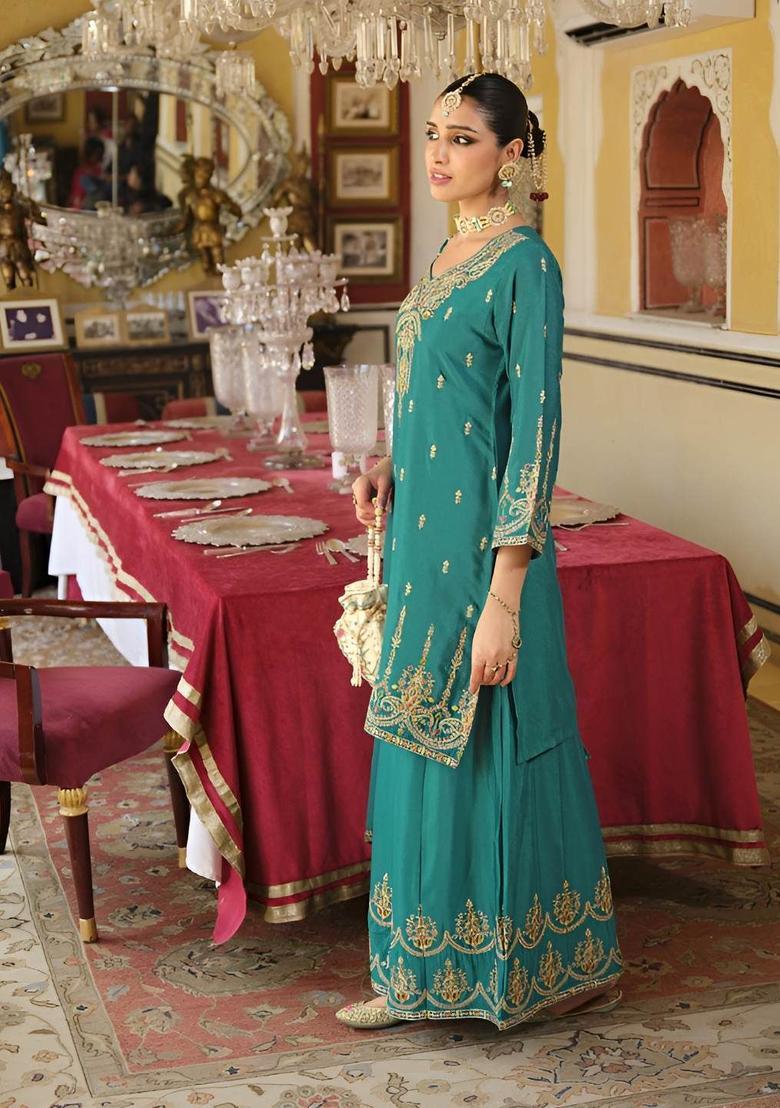 Teal Embroidered Chinon Kurta Sets - Indya