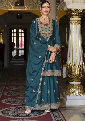 Green Embroidered Chinon Kurta Sets