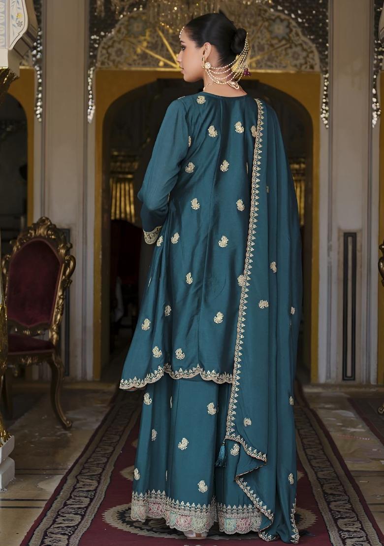 Green Embroidered Chinon Kurta Sets - Indya