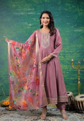Pink Embroidered Cotton Anarkli Sets