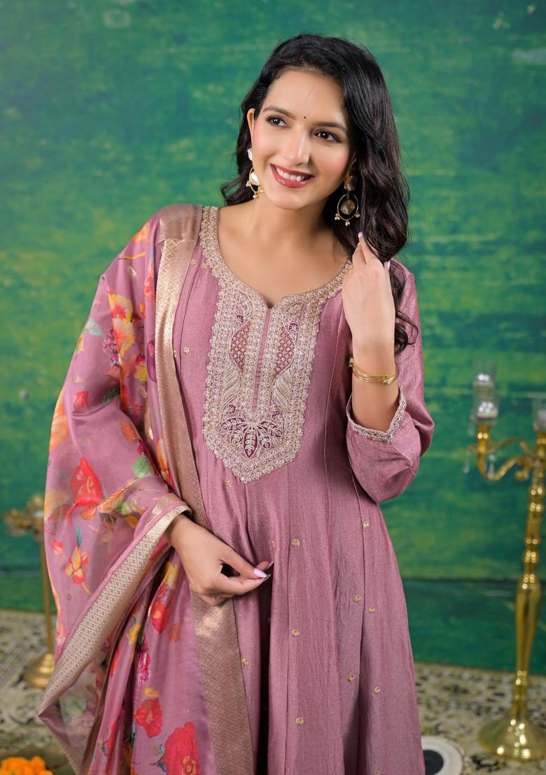 Pink Embroidered Cotton Anarkli Sets - Indya