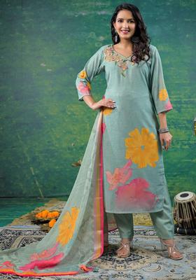 Sea Green Printed Cotton Kurta Sets