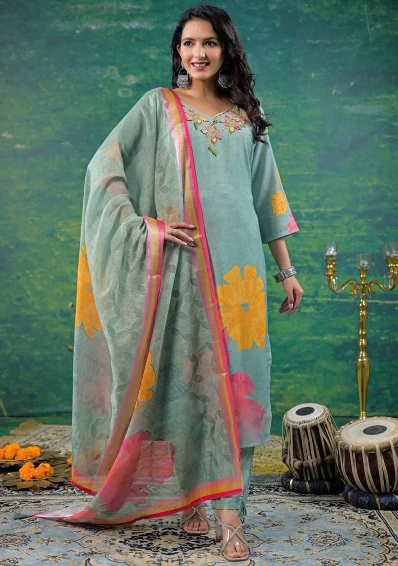 Sea Green Printed Cotton Kurta Sets - Indya