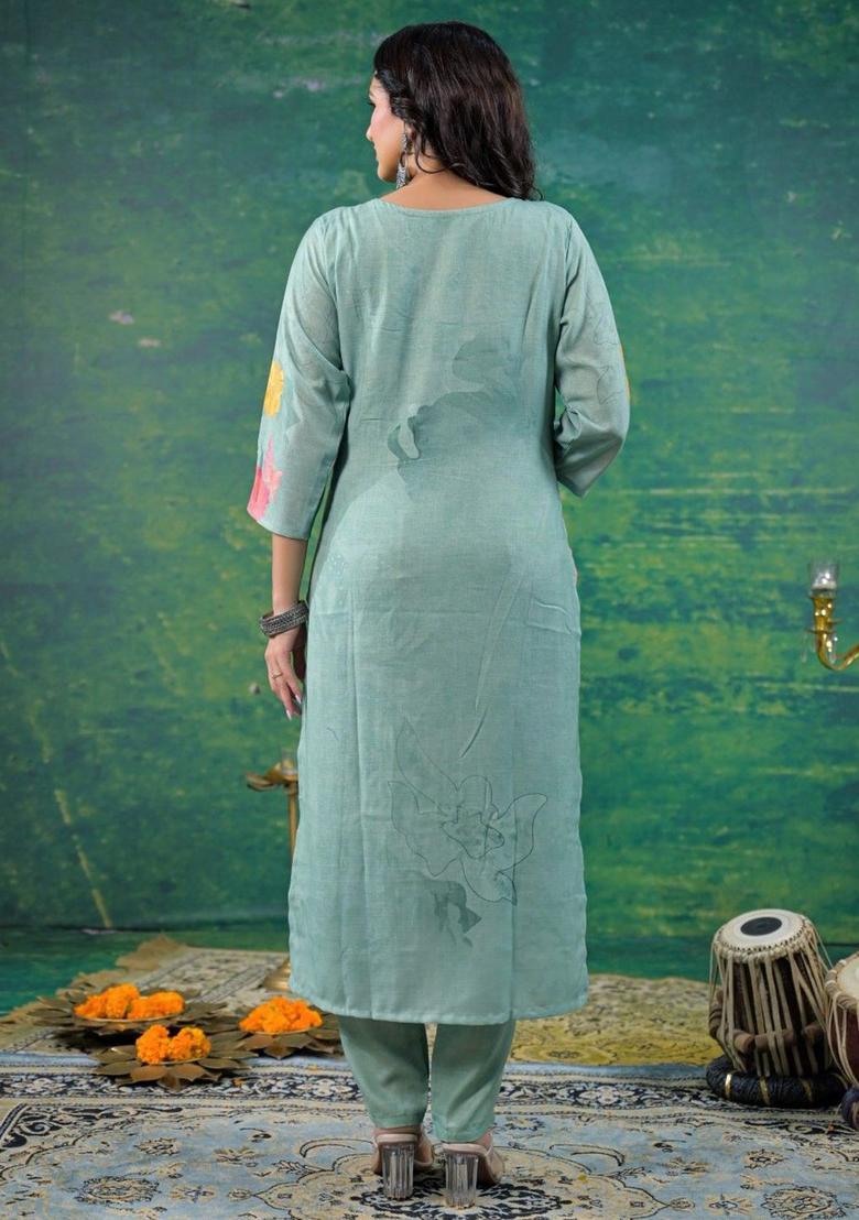 Sea Green Printed Cotton Kurta Sets - Indya