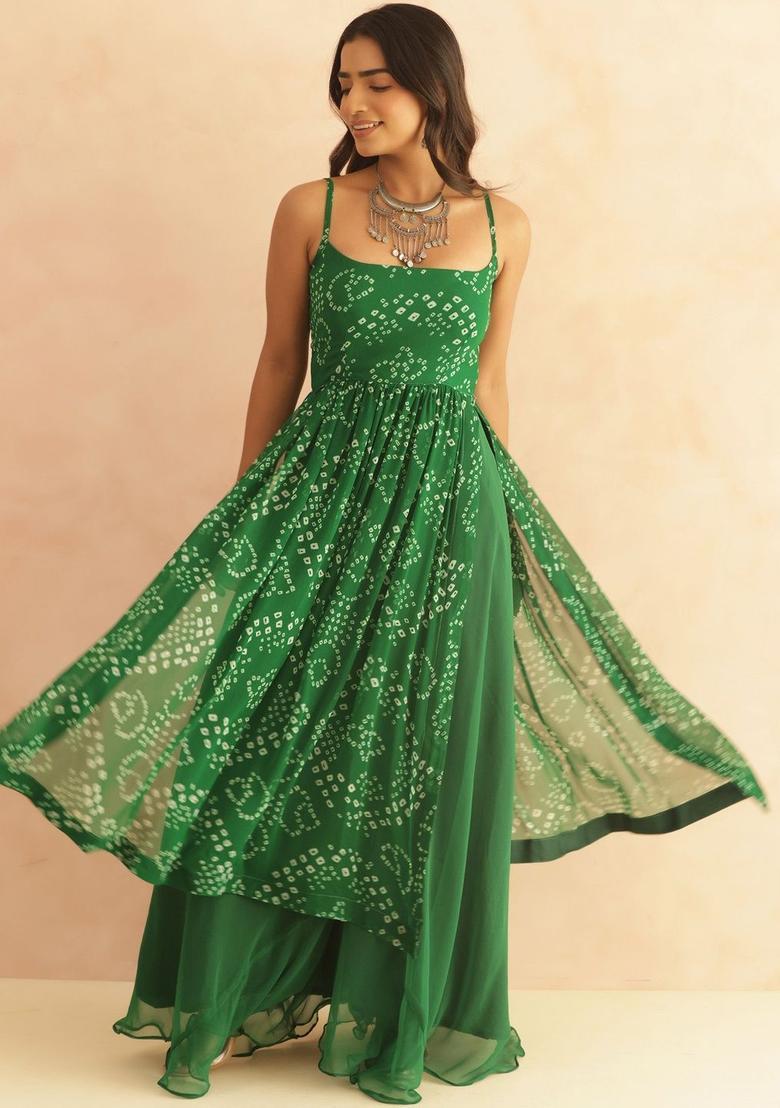 Green Printed Georgette Anarkli Sets - Indya
