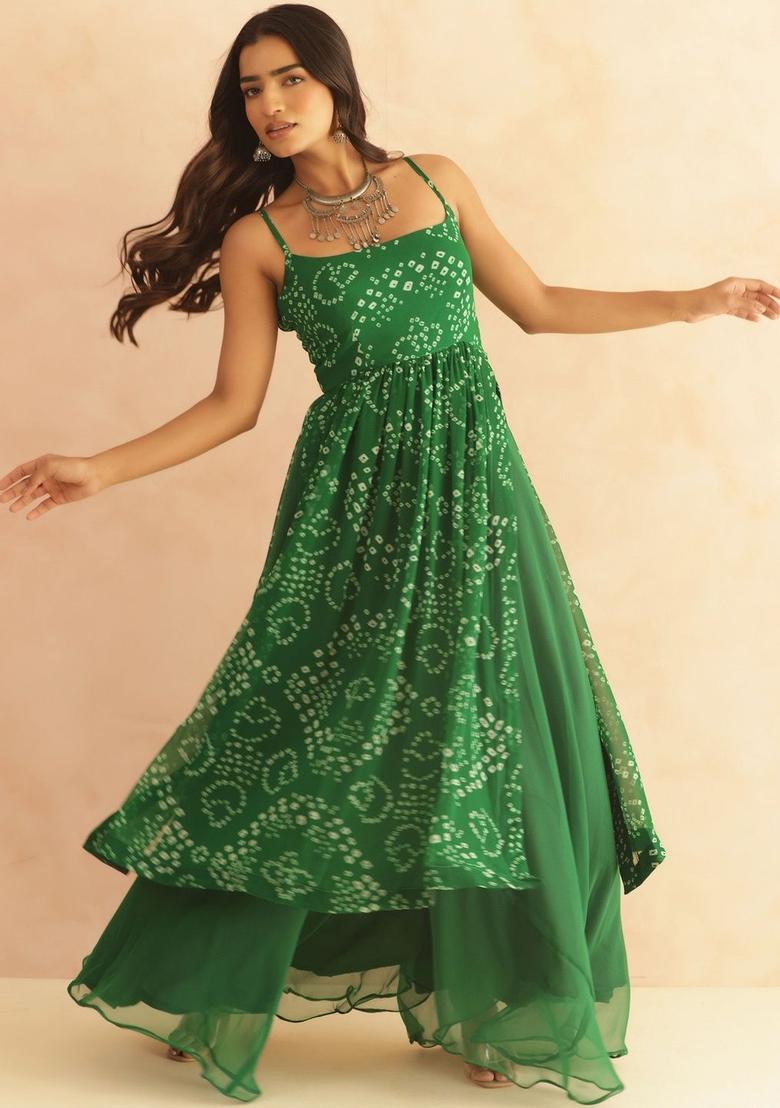 Green Printed Georgette Anarkli Sets - Indya