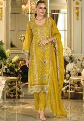 Mustard Embroidered Chinon Kurta Sets