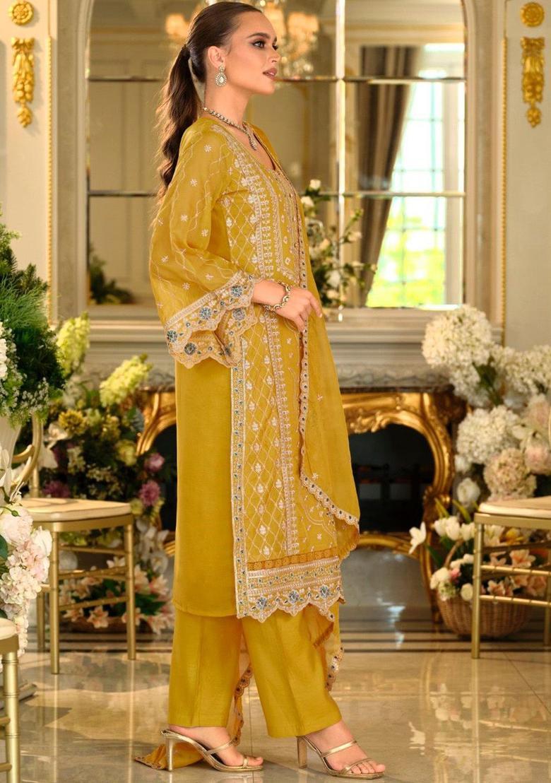 Mustard Embroidered Chinon Kurta Sets - Indya