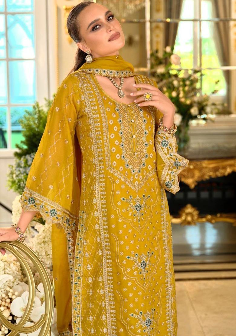 Mustard Embroidered Chinon Kurta Sets - Indya