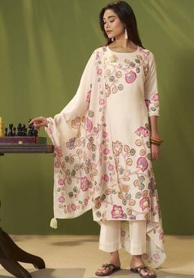 Off White Printed Cotton Kurta Sets