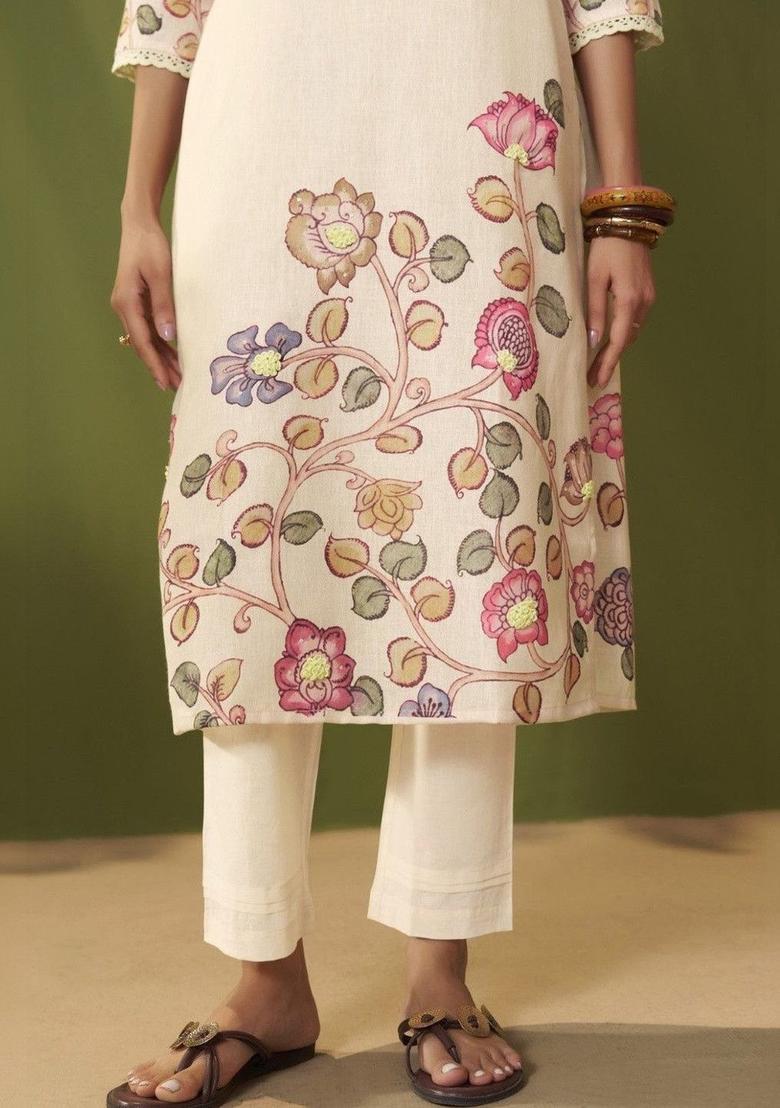 Off White Printed Cotton Kurta Sets - Indya