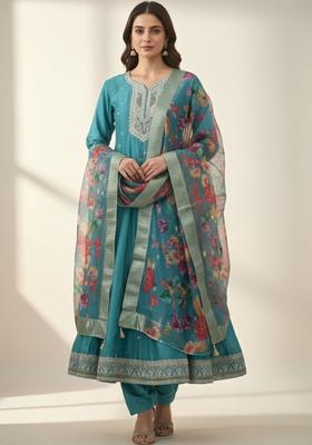 Teal Embroidered Viscose Anarkli Sets