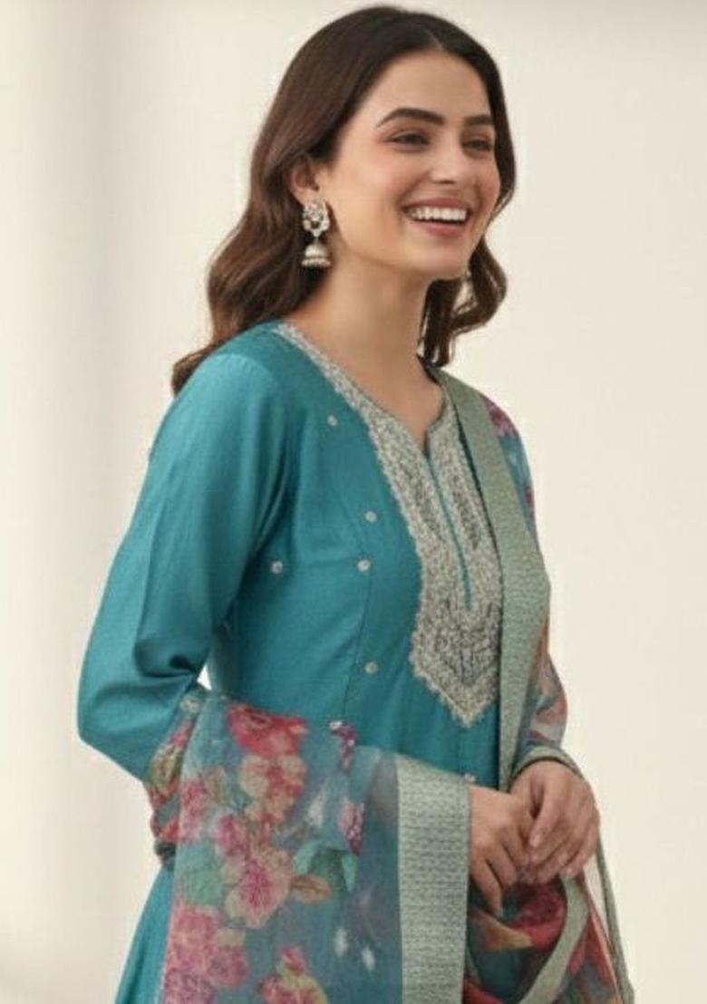 Teal Embroidered Viscose Anarkli Sets - Indya