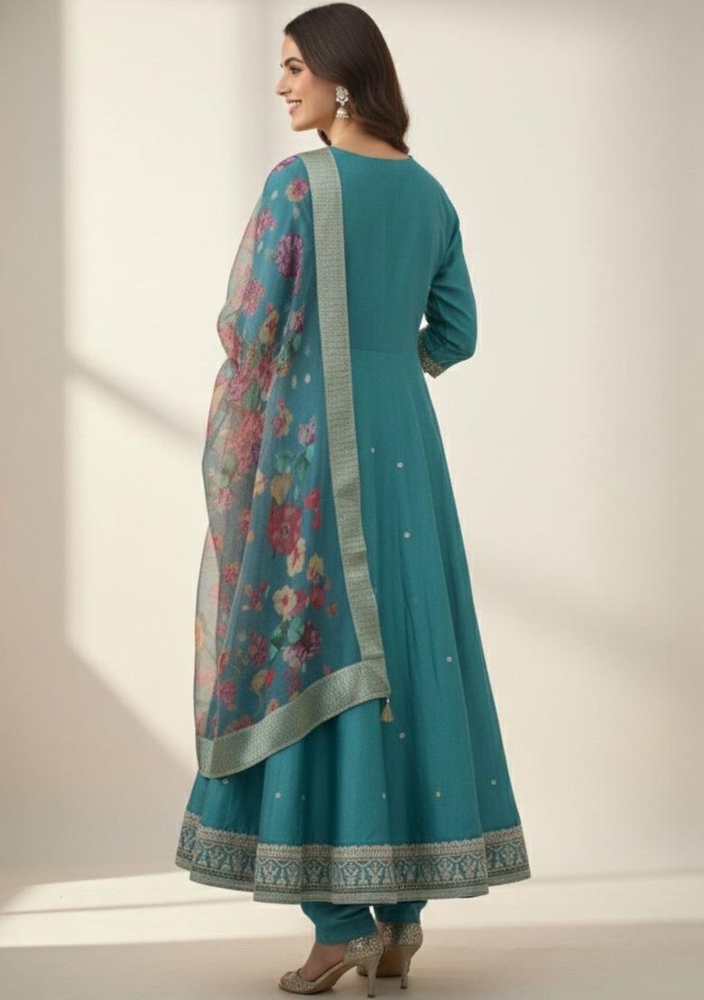 Teal Embroidered Viscose Anarkli Sets - Indya