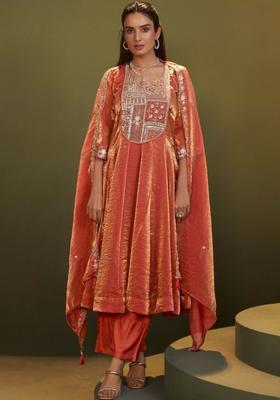 Peach Embroidered Tissue Anarkli Sets