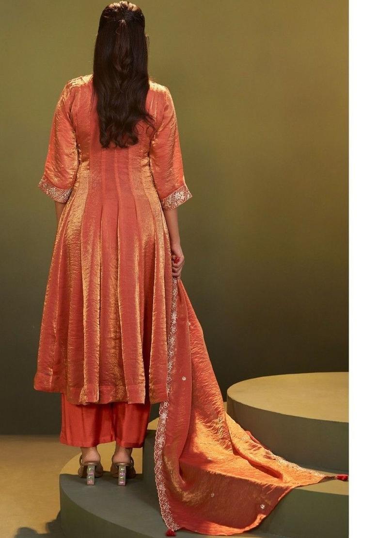 Peach Embroidered Tissue Anarkli Sets - Indya