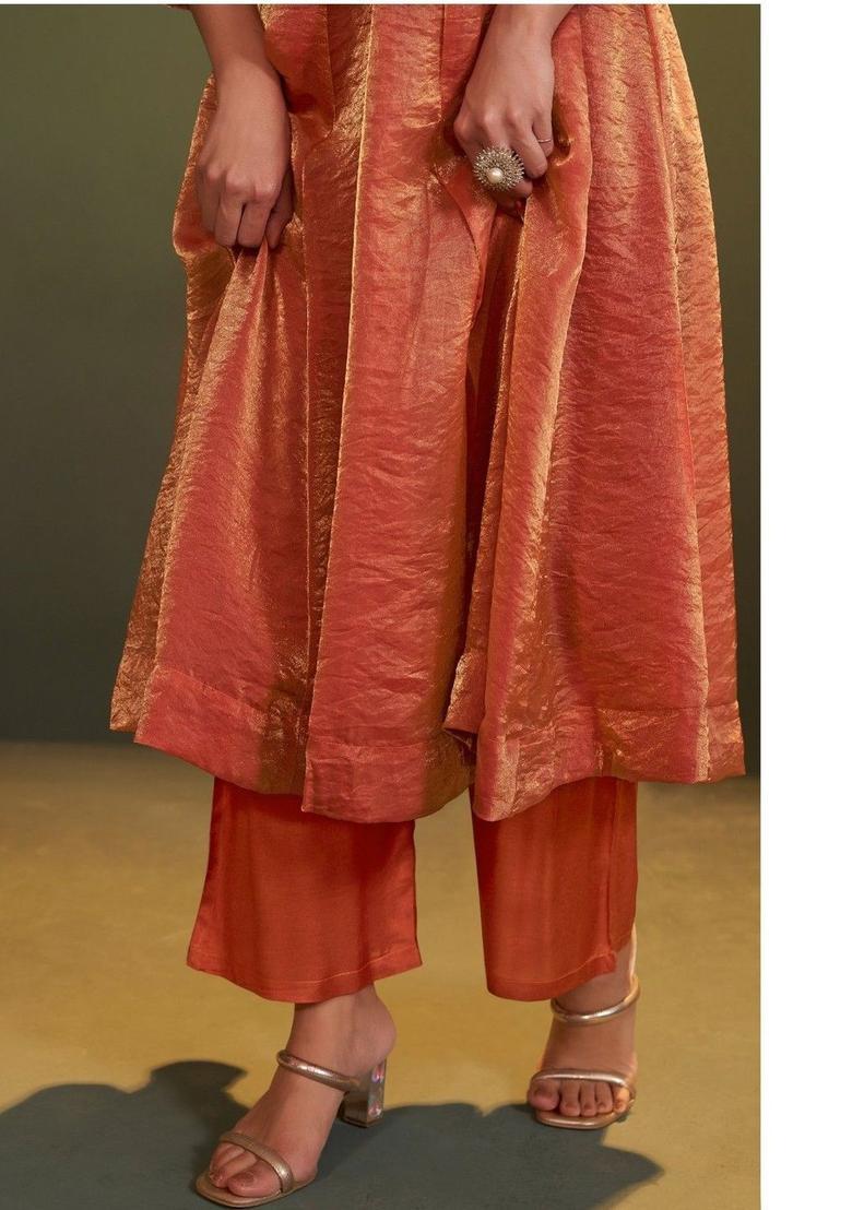 Peach Embroidered Tissue Anarkli Sets - Indya