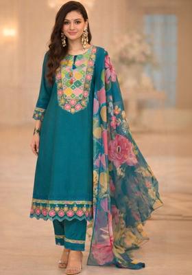 Teal Yoke Design Cotton Kurta Sets