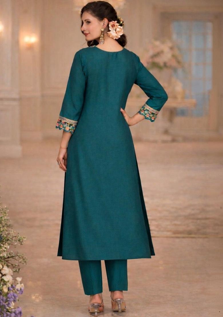 Teal Yoke Design Cotton Kurta Sets - Indya