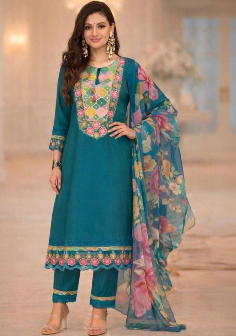 Teal Yoke Design Cotton Kurta Sets - Indya