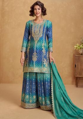 Teal Printed Chinon Kurta Sets