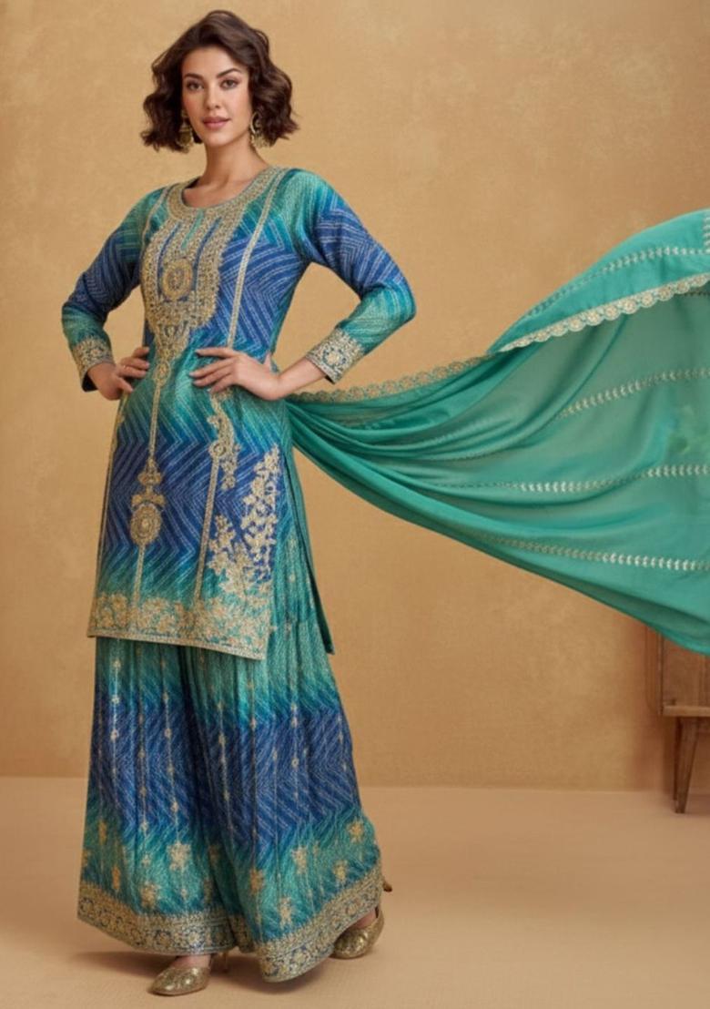 Teal Printed Chinon Kurta Sets - Indya