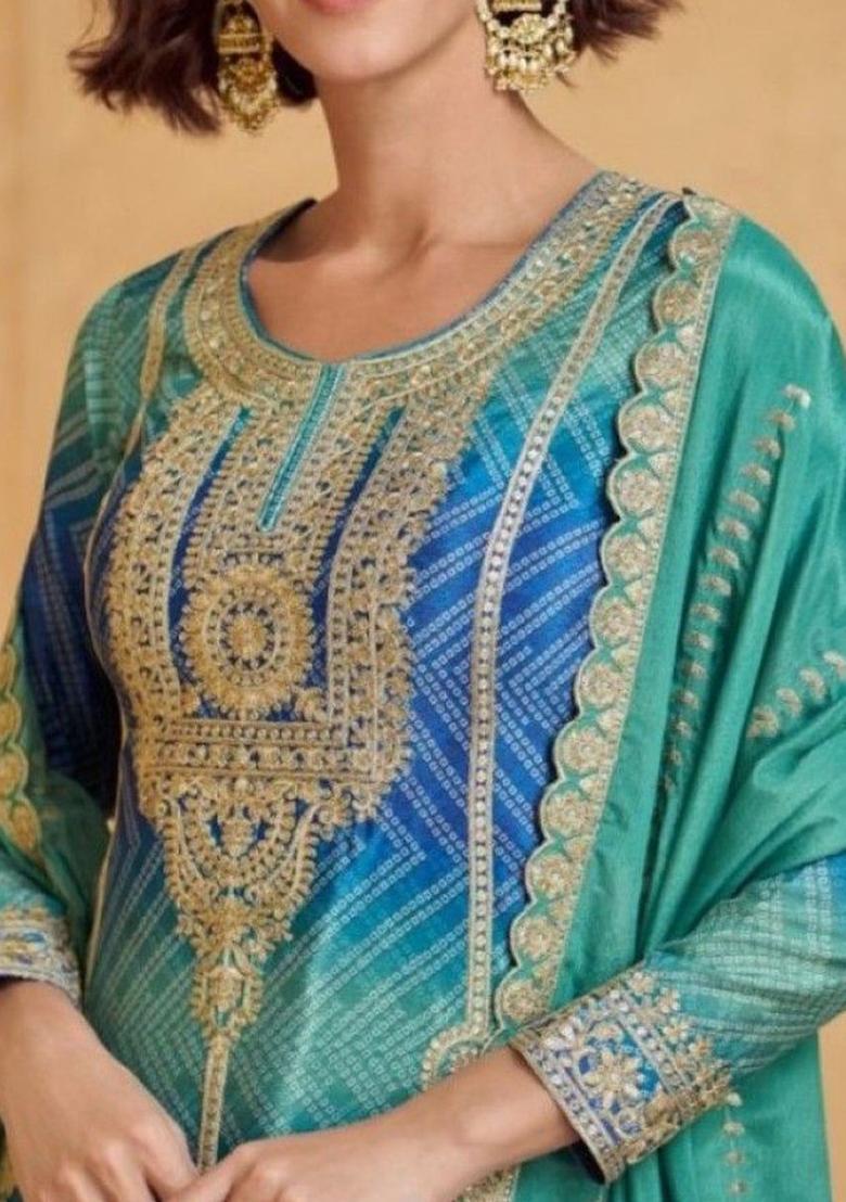 Teal Printed Chinon Kurta Sets - Indya
