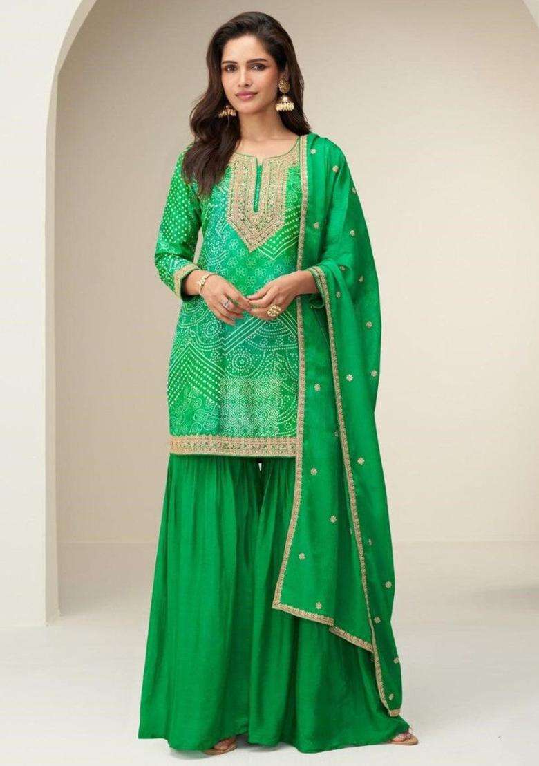 Green Printed Chinon Kurta Sets - Indya